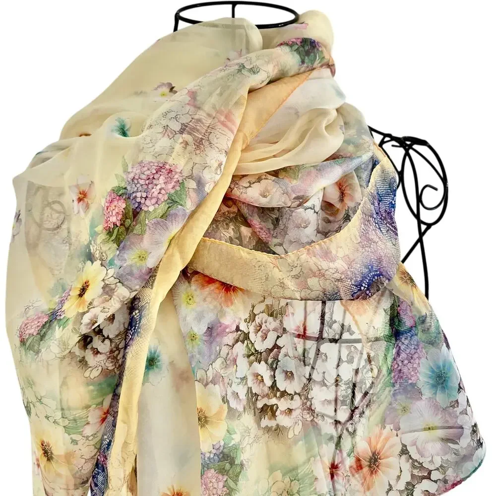 Impressionist Floral  !00% Silk Large Scarf Wrap Shawl Yellow Cottage  56 x 54